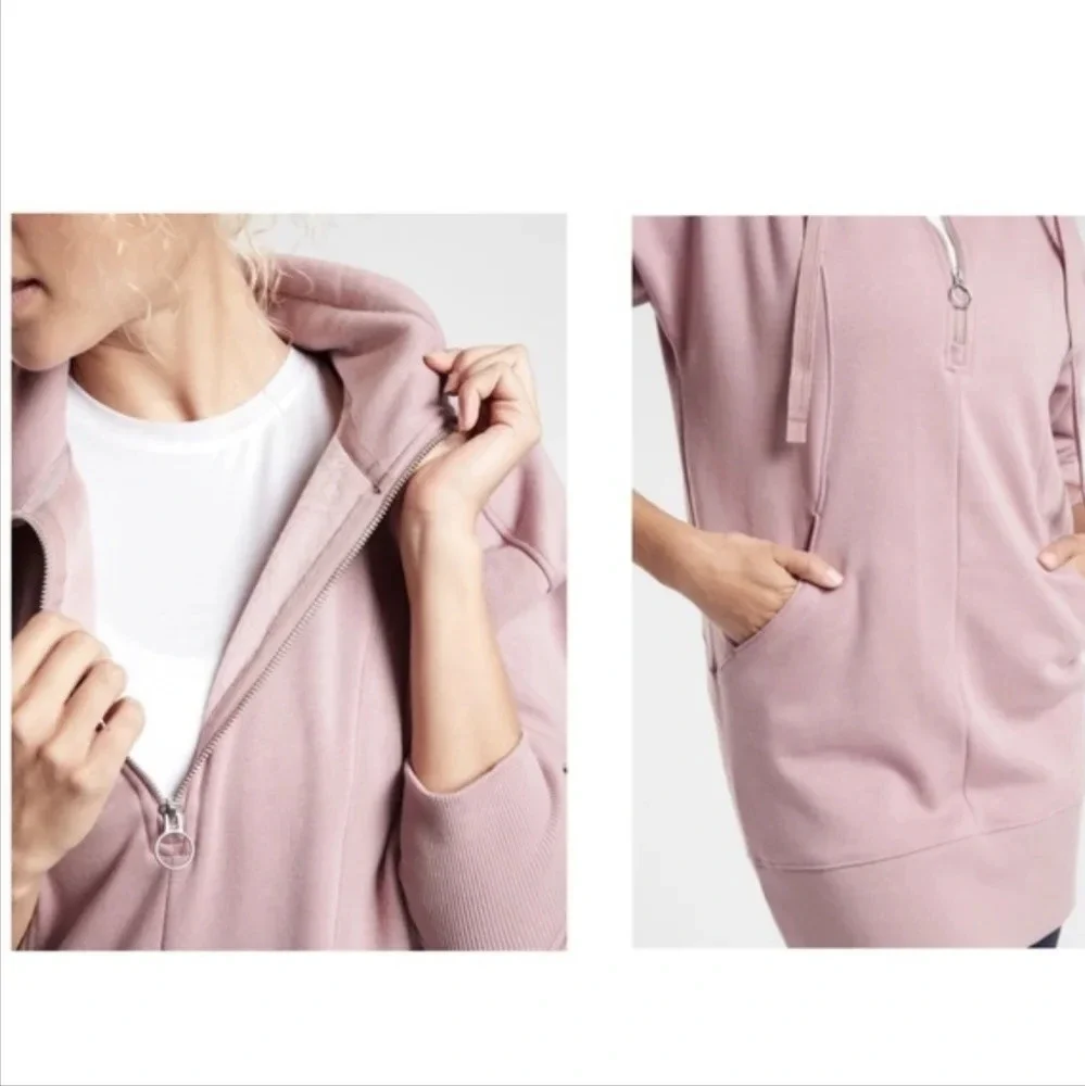 ATHLETA sz S Cozy Karma 1/4 Zip Sweater Dress Tunic  Fleece Lined Floral Mauve - Picture 7 of 16